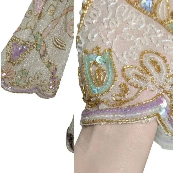 Vintage Beaded Silk Scallop Hem Pastel Sequin Top India Gold Blue Pink Purple M - Picture 3 of 7
